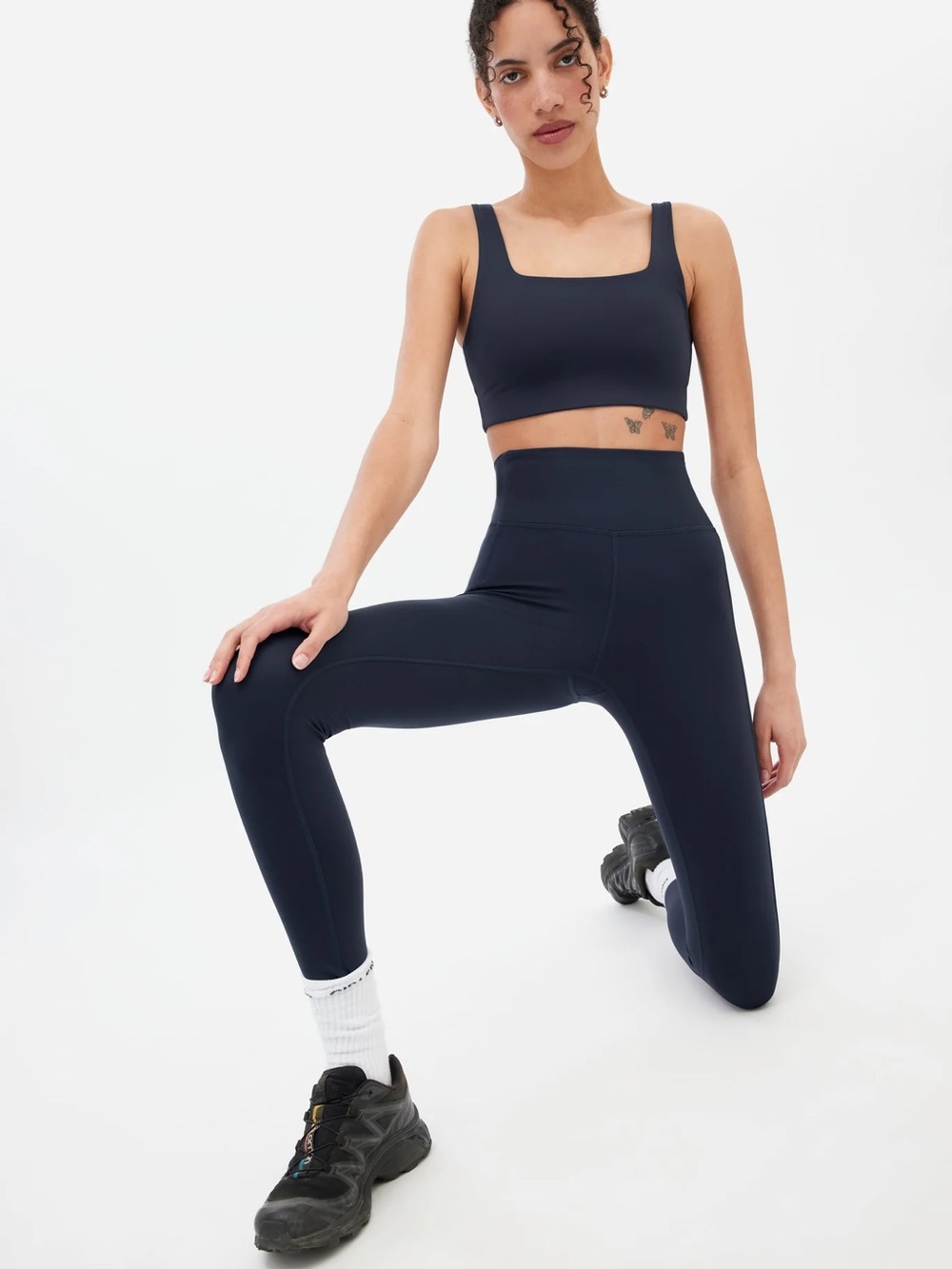 Girlfriend Collective Navy Women's compression Leggings with matching bra